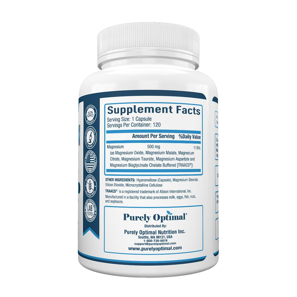 Purely Optimal Magnesium Complex - 6 Forms Magnesium Glycinate, Citrate & Malate - Sleep Support, Stress Relief, Muscles, Heart Health & Relaxation - TrustMedUSA