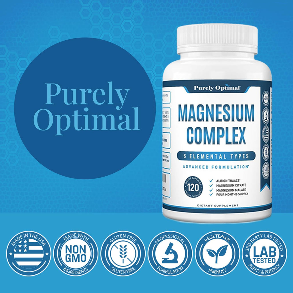 Purely Optimal Magnesium Complex - 6 Forms Magnesium Glycinate, Citrate & Malate - Sleep Support, Stress Relief, Muscles, Heart Health & Relaxation - TrustMedUSA