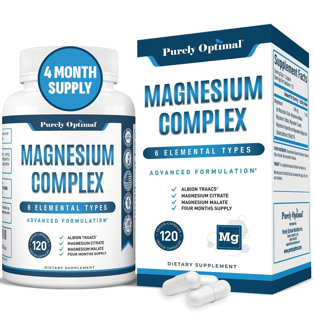 Purely Optimal Magnesium Complex - 6 Forms Magnesium Glycinate, Citrate & Malate - Sleep Support, Stress Relief, Muscles, Heart Health & Relaxation - TrustMedUSA