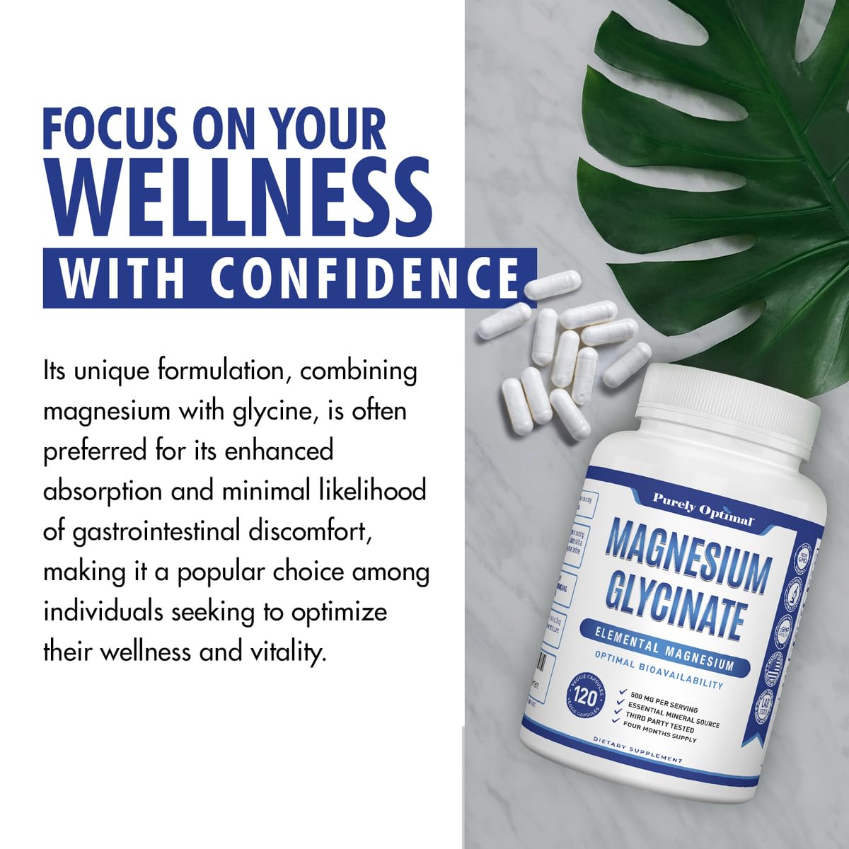 Purely Optimal Magnesium Glycinate 500mg – Sleep Support & Stress Relief – Gentle, High Absorption Magnesium Supplement for Muscle Relaxation, Calm & Nerve Support – 120 Capsules - TrustMedUSA