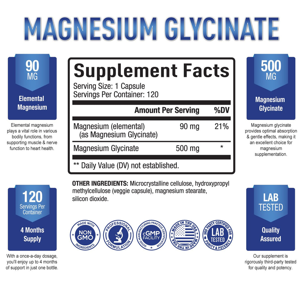 Purely Optimal Magnesium Glycinate 500mg – Sleep Support & Stress Relief – Gentle, High Absorption Magnesium Supplement for Muscle Relaxation, Calm & Nerve Support – 120 Capsules - TrustMedUSA