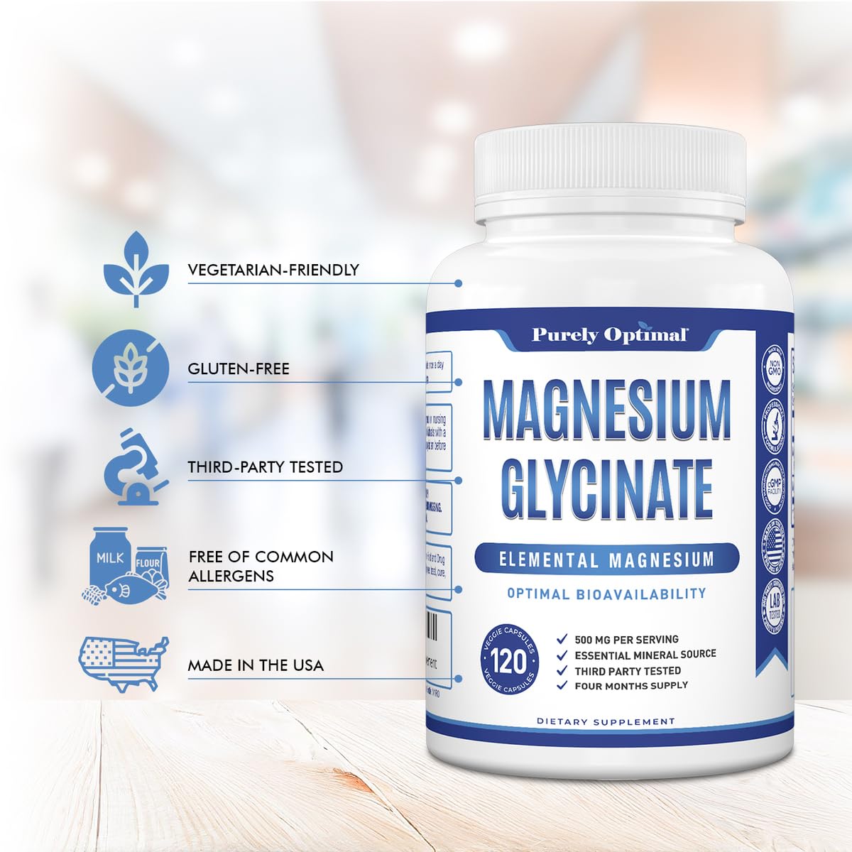 Purely Optimal Magnesium Glycinate 500mg – Sleep Support & Stress Relief – Gentle, High Absorption Magnesium Supplement for Muscle Relaxation, Calm & Nerve Support – 120 Capsules - TrustMedUSA