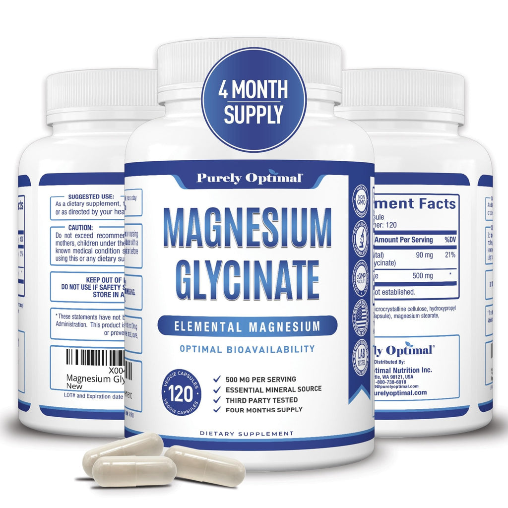 Purely Optimal Magnesium Glycinate 500mg – Sleep Support & Stress Relief – Gentle, High Absorption Magnesium Supplement for Muscle Relaxation, Calm & Nerve Support – 120 Capsules - TrustMedUSA