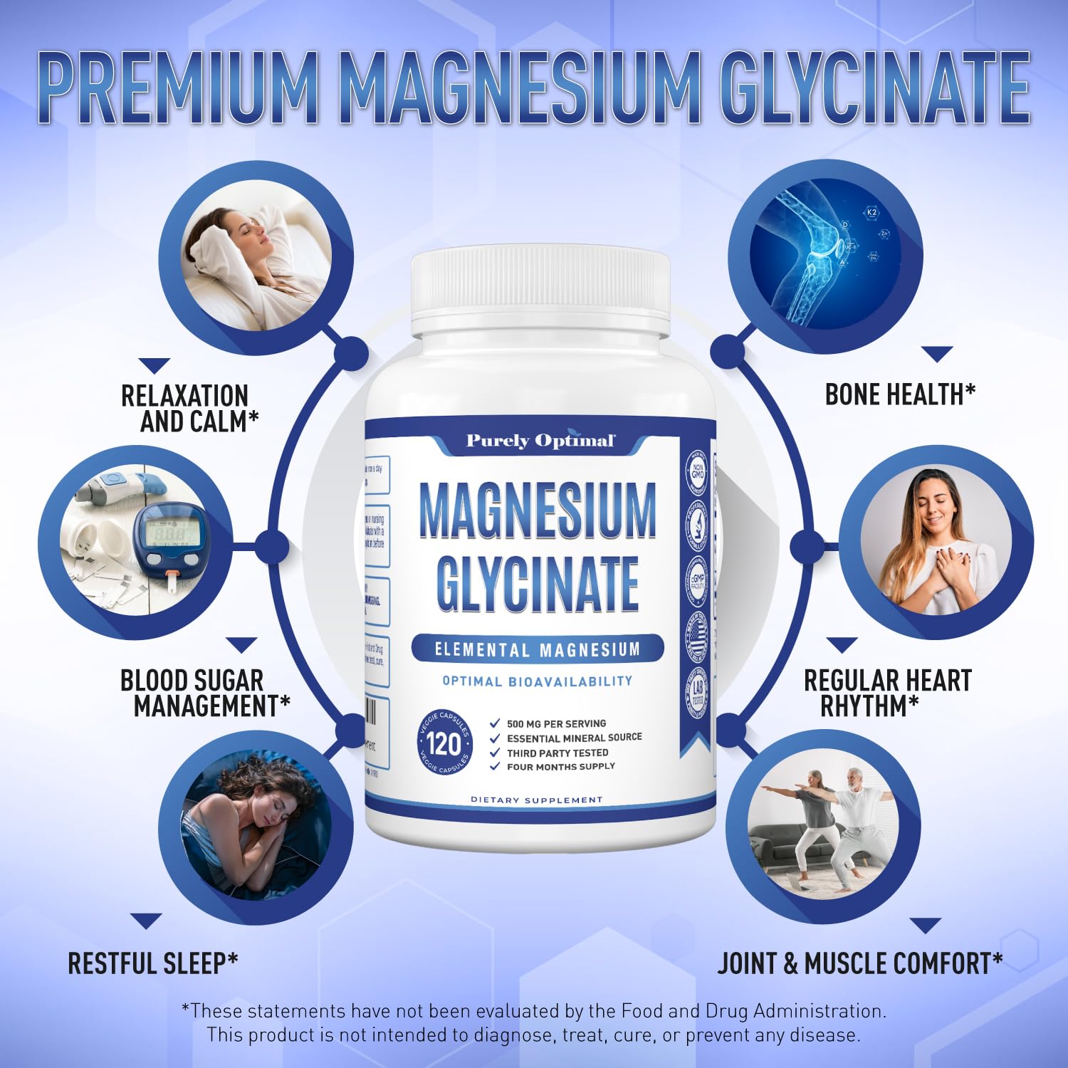 Purely Optimal Magnesium Glycinate 500mg – Sleep Support & Stress Relief – Gentle, High Absorption Magnesium Supplement for Muscle Relaxation, Calm & Nerve Support – 120 Capsules - TrustMedUSA