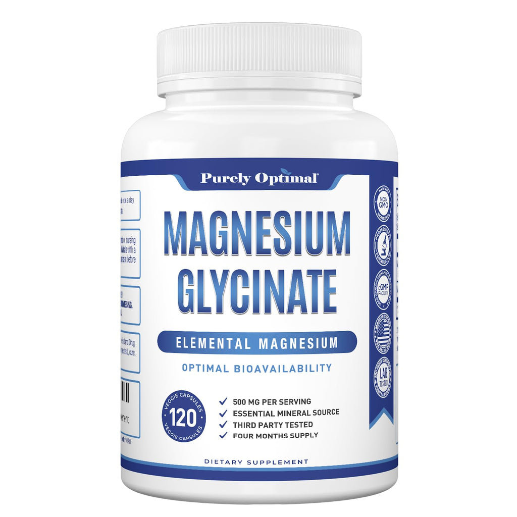 Purely Optimal Magnesium Glycinate 500mg – Sleep Support & Stress Relief – Gentle, High Absorption Magnesium Supplement for Muscle Relaxation, Calm & Nerve Support – 120 Capsules - TrustMedUSA