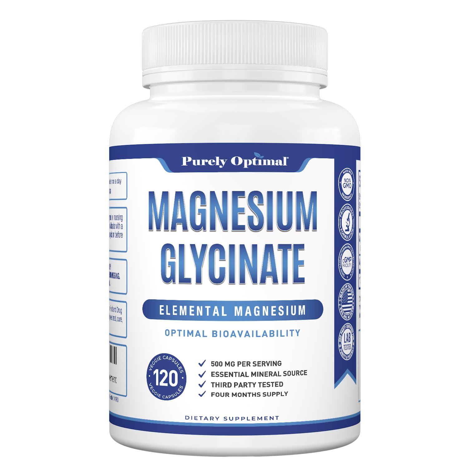 Purely Optimal Magnesium Glycinate 500mg – Sleep Support & Stress Relief – Gentle, High Absorption Magnesium Supplement for Muscle Relaxation, Calm & Nerve Support – 120 Capsules - TrustMedUSA