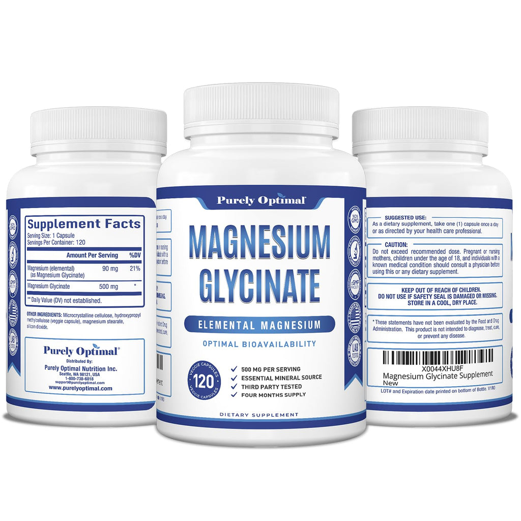 Purely Optimal Magnesium Glycinate 500mg – Sleep Support & Stress Relief – Gentle, High Absorption Magnesium Supplement for Muscle Relaxation, Calm & Nerve Support – 120 Capsules - TrustMedUSA