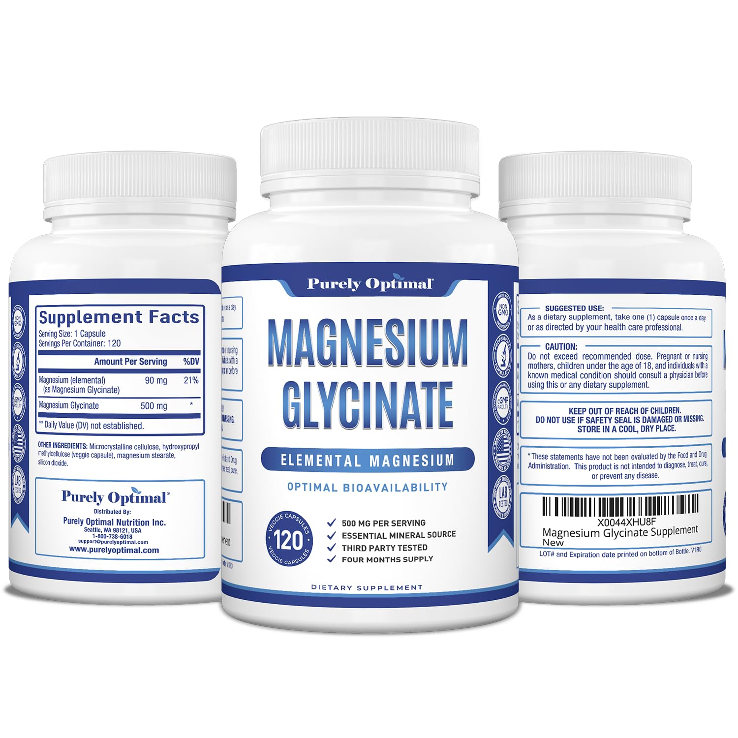 Purely Optimal Magnesium Glycinate 500mg – Sleep Support & Stress Relief – Gentle, High Absorption Magnesium Supplement for Muscle Relaxation, Calm & Nerve Support – 120 Capsules - TrustMedUSA
