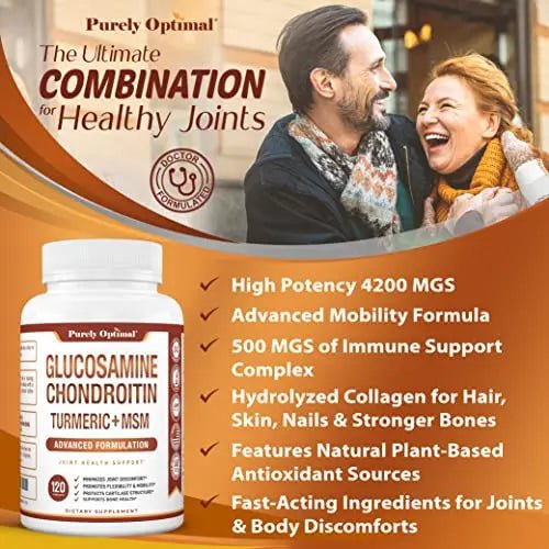 Purely Optimal Premium Glucosamine Chondroitin MSM Supplement Tablets w/Turmeric - TrustMedUSA