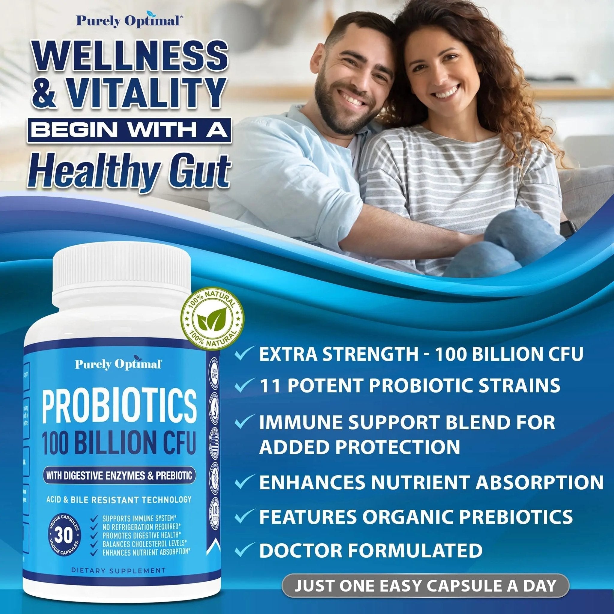 Purely Optimal Premium Probiotics 100 Billion CFU w/Digestive Enzymes - TrustMedUSA