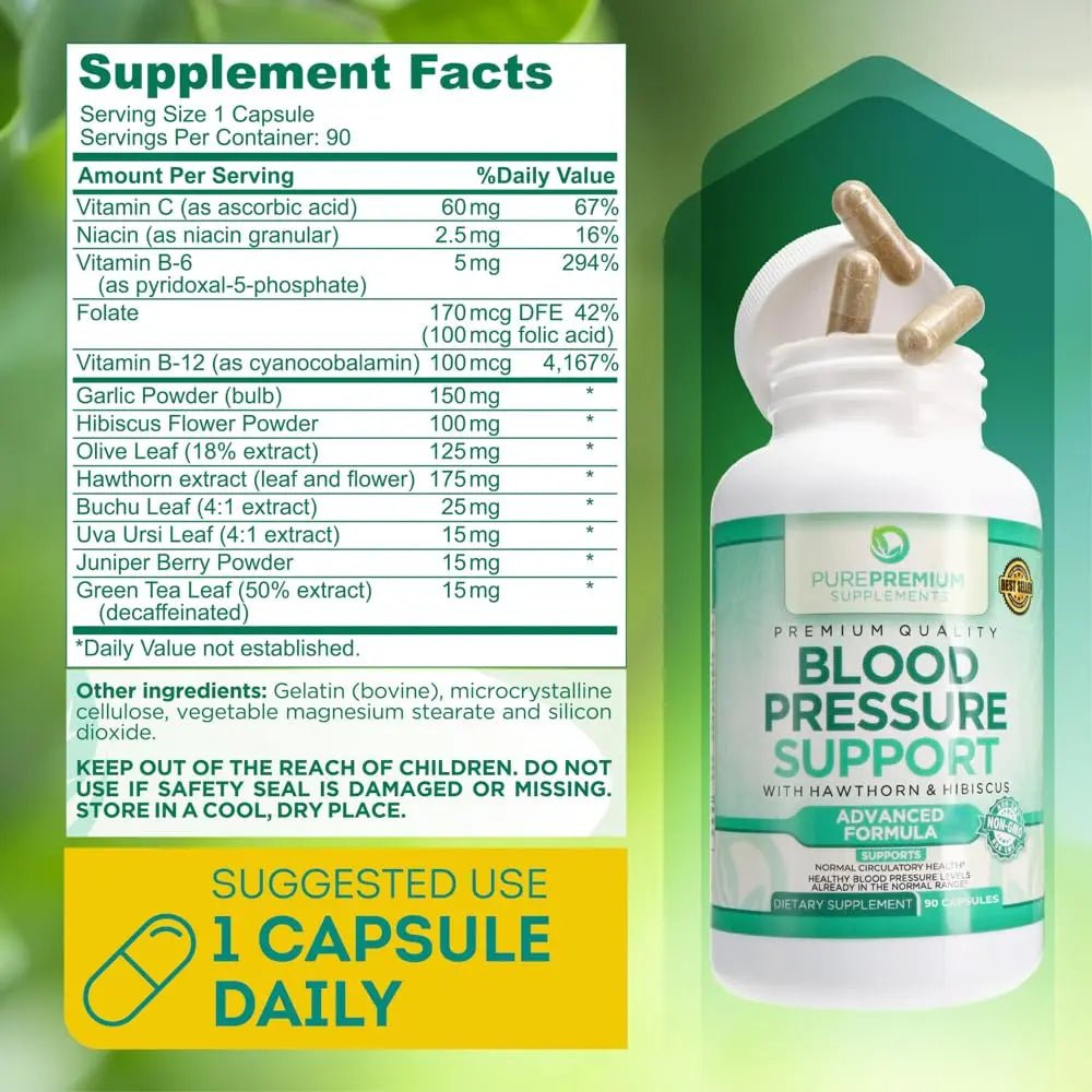 PurePremium Blood Pressure Support Supplement with Hawthorn, Hibiscus & Garlic - TrustMedUSA