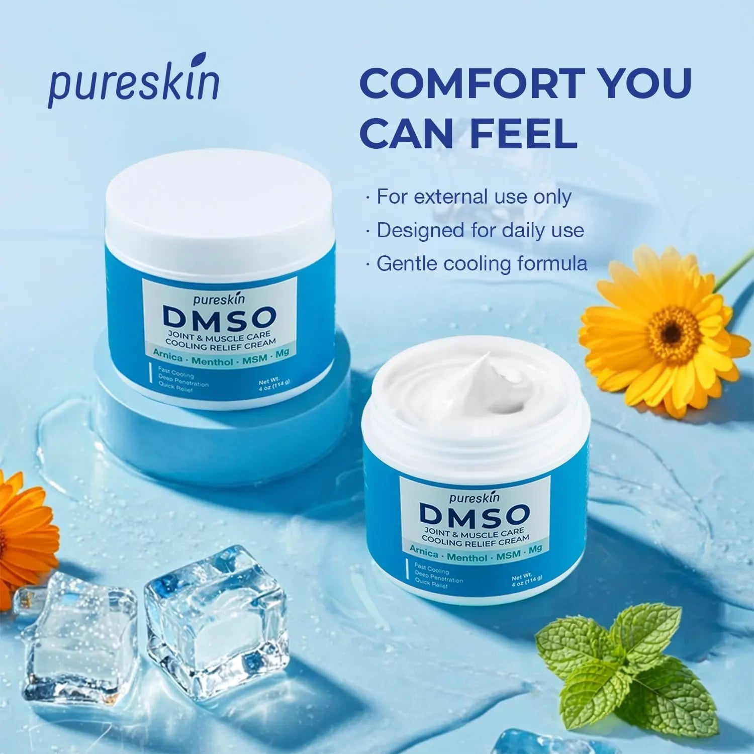 PURESKIN DMSO Relief Cream – Pharmaceutical Grade Fast-Absorbing Cooling Formula for Active Lifestyles – Lightweight Cream with Arnica, MSM, Magnesium, Menthol & Aloe, 4 oz - TrustMedUSA