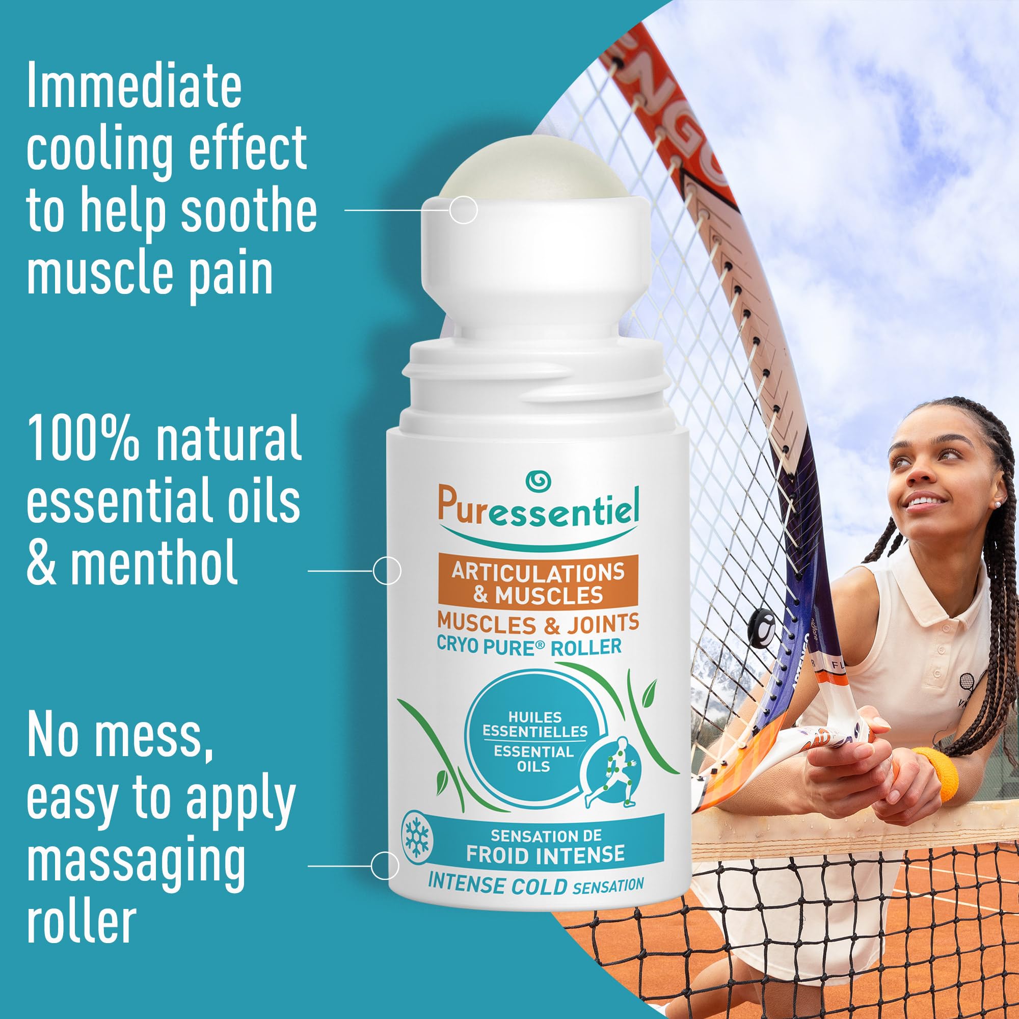 Puressentiel Muscles and Joints Cryo Pure Roller - Natural Menthol and Essential Oils Soothe Muscles - Long Lasting Cooling Sensation - 2.5 oz - TrustMedUSA