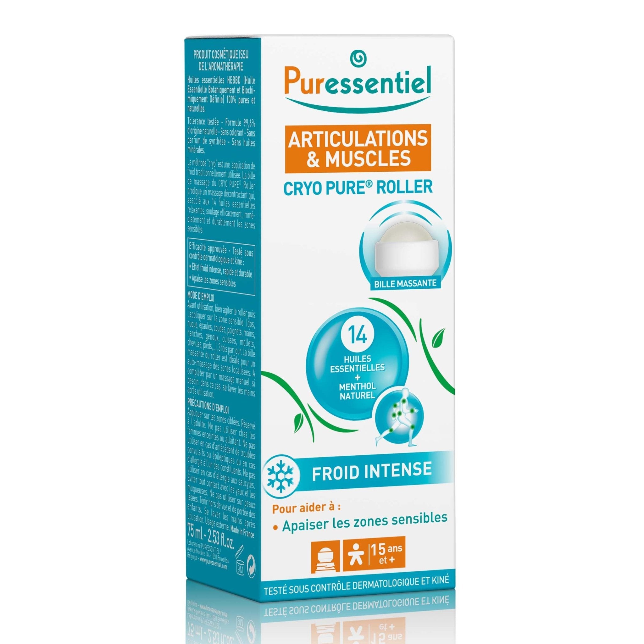 Puressentiel Muscles and Joints Cryo Pure Roller - Natural Menthol and Essential Oils Soothe Muscles - Long Lasting Cooling Sensation - 2.5 oz - TrustMedUSA