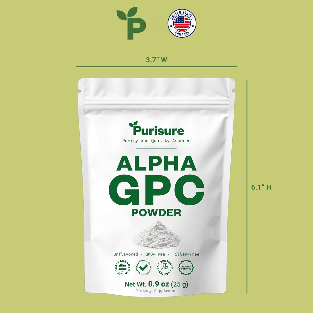 Purisure Alpha GPC Powder, 25 g, Pure Alpha GPC Choline Supplement for Brain and Focus, CDP Choline Supplements for Memory Performance & Concentration, No Fillers, Non-GMO, Offers 41 Servings - TrustMedUSA