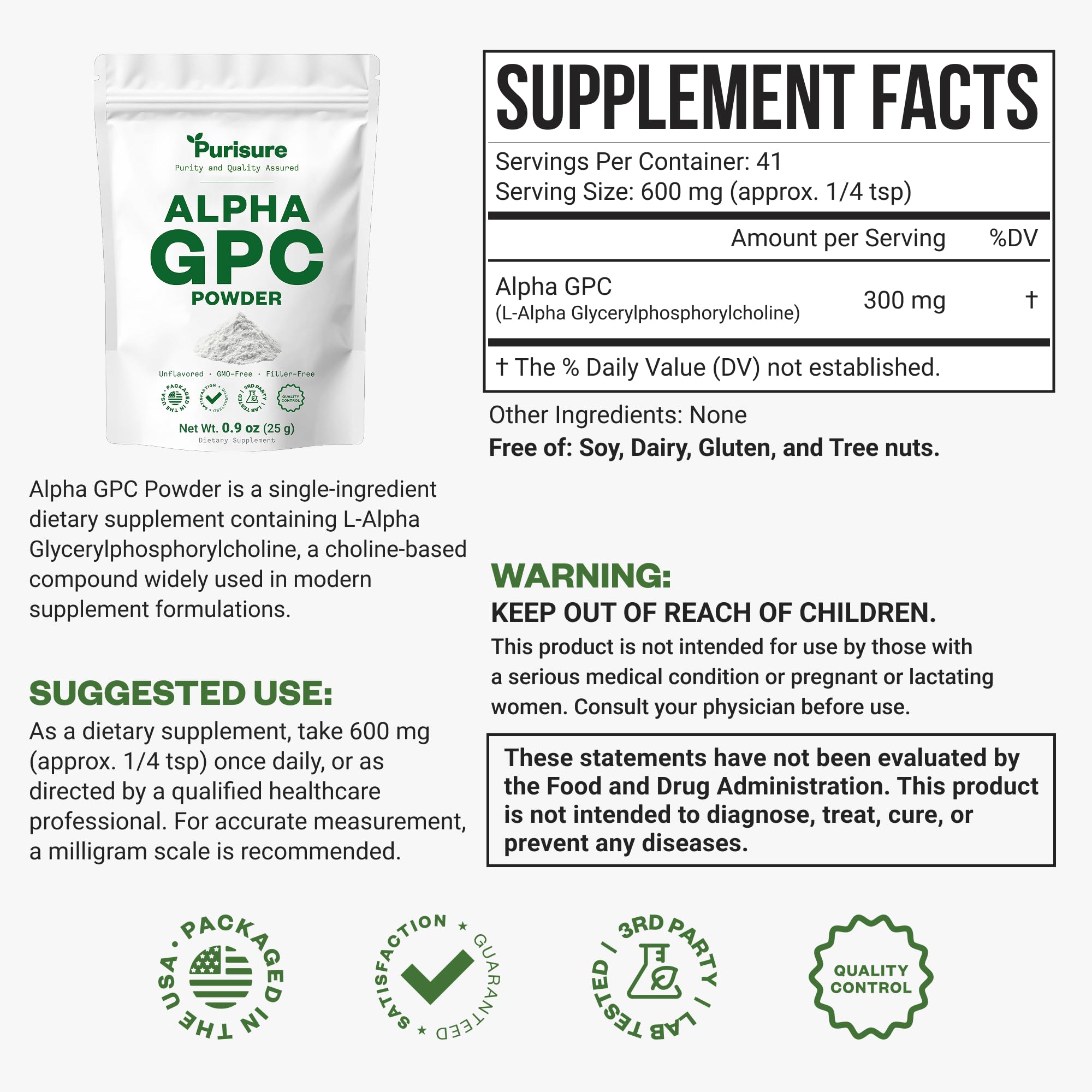 Purisure Alpha GPC Powder, 25 g, Pure Alpha GPC Choline Supplement for Brain and Focus, CDP Choline Supplements for Memory Performance & Concentration, No Fillers, Non-GMO, Offers 41 Servings - TrustMedUSA