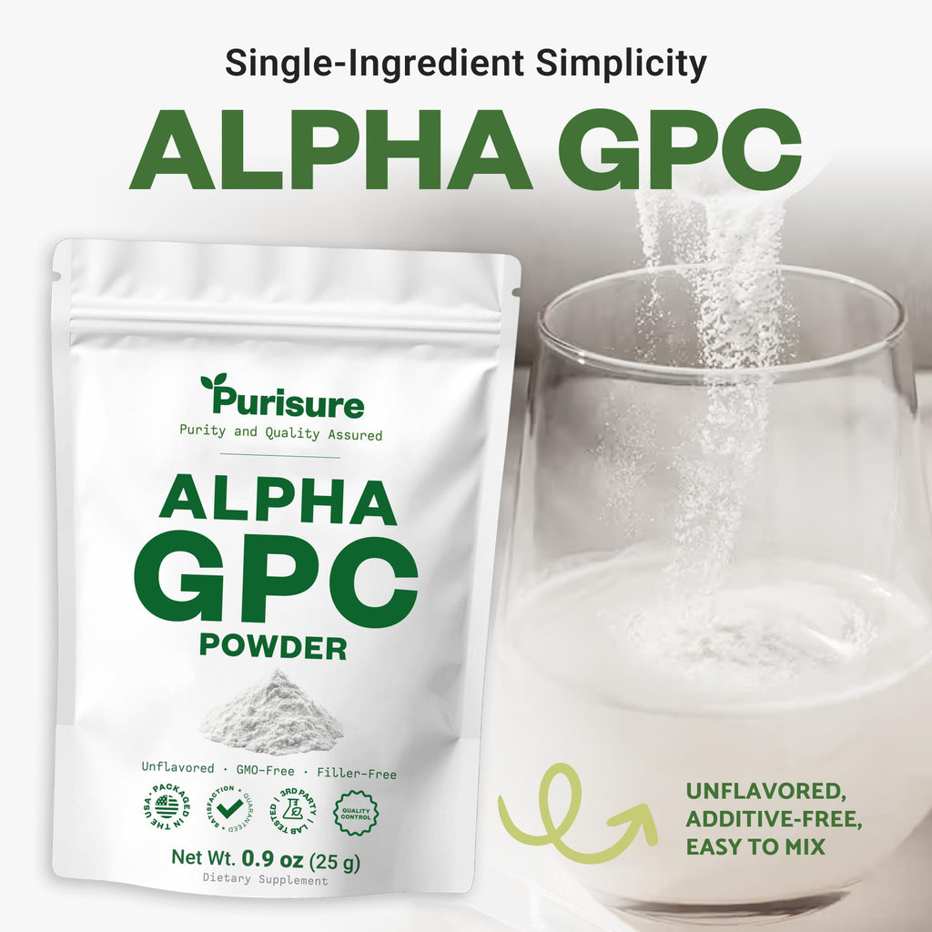 Purisure Alpha GPC Powder, 25 g, Pure Alpha GPC Choline Supplement for Brain and Focus, CDP Choline Supplements for Memory Performance & Concentration, No Fillers, Non-GMO, Offers 41 Servings - TrustMedUSA