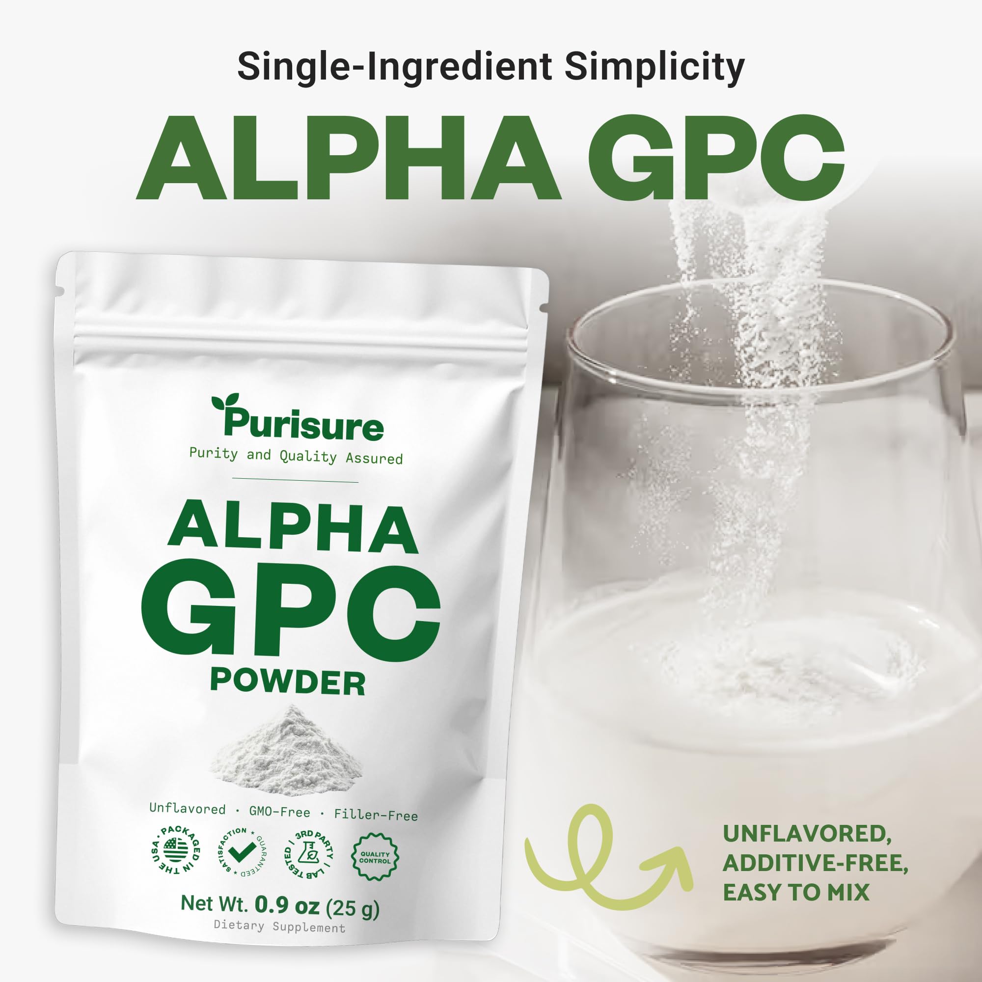 Purisure Alpha GPC Powder, 25 g, Pure Alpha GPC Choline Supplement for Brain and Focus, CDP Choline Supplements for Memory Performance & Concentration, No Fillers, Non-GMO, Offers 41 Servings - TrustMedUSA
