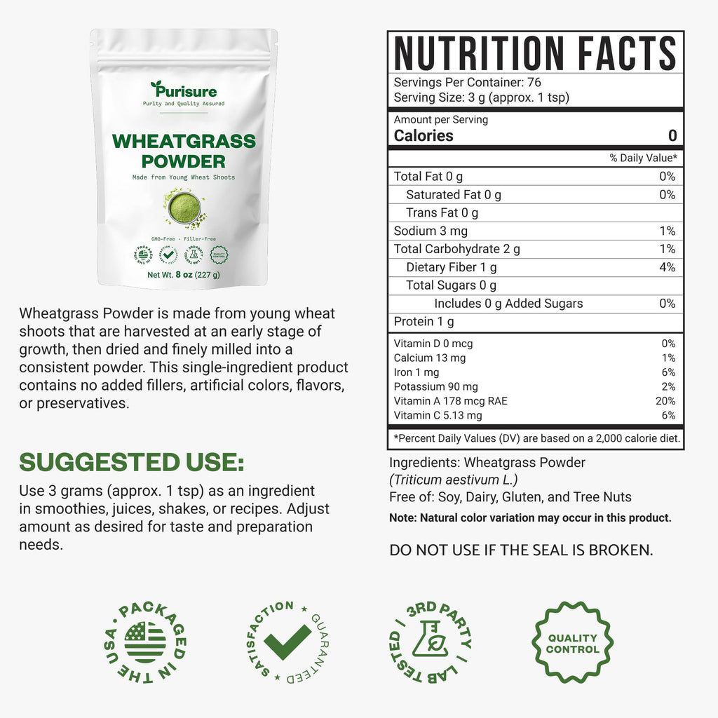 Purisure Wheatgrass Powder, 8oz, Wheat Grass Powder, Green Superfood for Salads, Smoothie and Shakes, Superfood Powder Rich in Immunity Vitamins, Fiber and Minerals, 76 Servings - TrustMedUSA