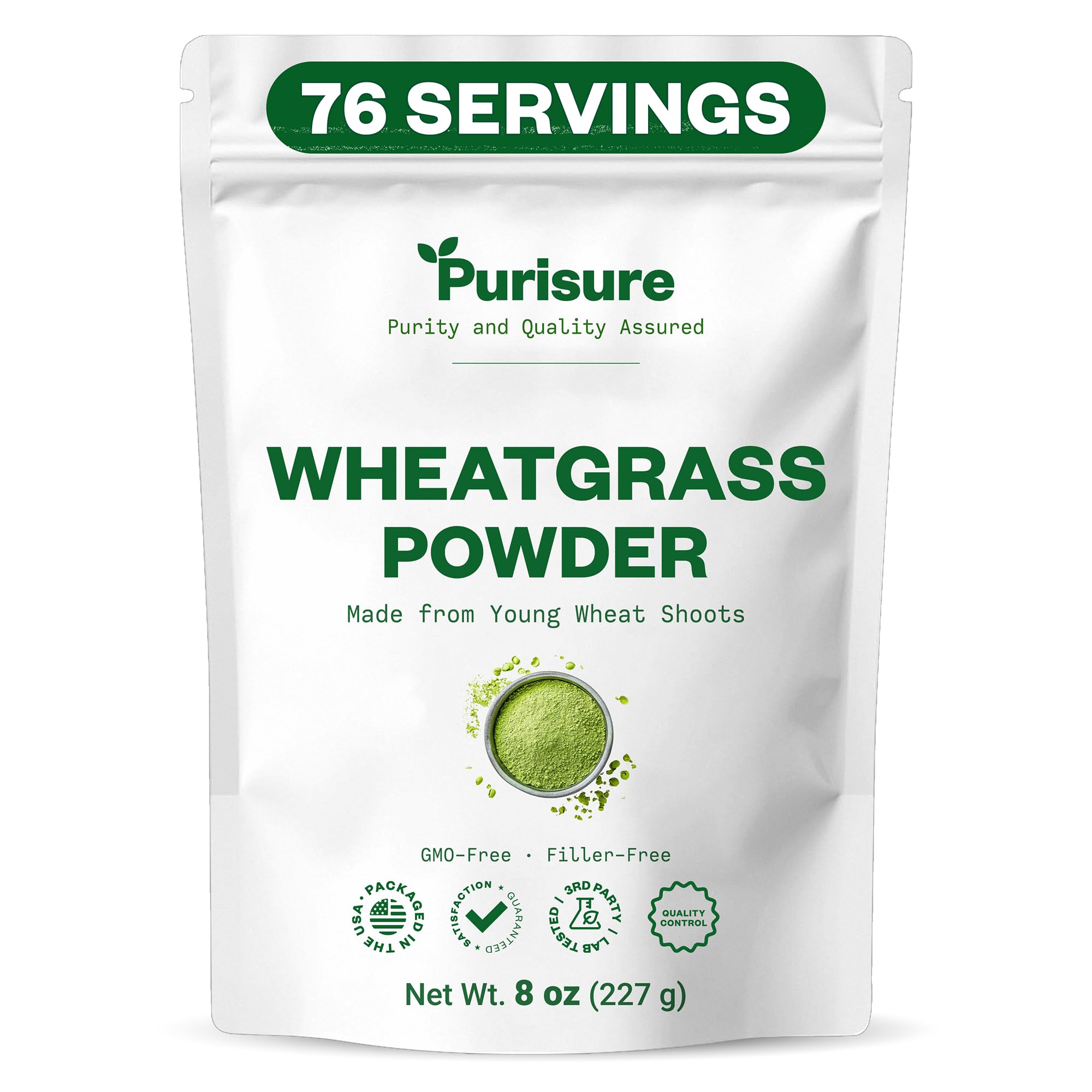 Purisure Wheatgrass Powder, 8oz, Wheat Grass Powder, Green Superfood for Salads, Smoothie and Shakes, Superfood Powder Rich in Immunity Vitamins, Fiber and Minerals, 76 Servings - TrustMedUSA
