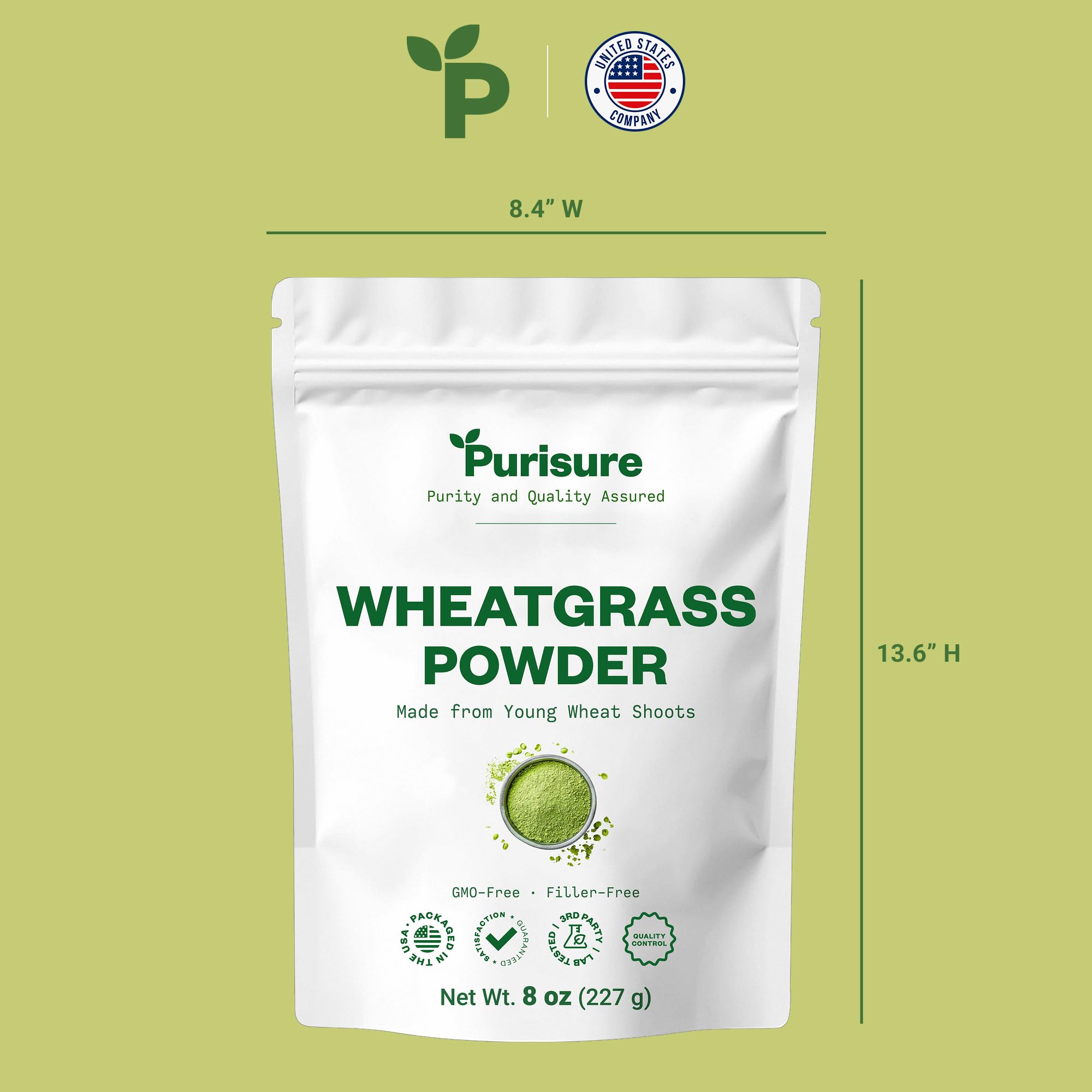 Purisure Wheatgrass Powder, 8oz, Wheat Grass Powder, Green Superfood for Salads, Smoothie and Shakes, Superfood Powder Rich in Immunity Vitamins, Fiber and Minerals, 76 Servings - TrustMedUSA