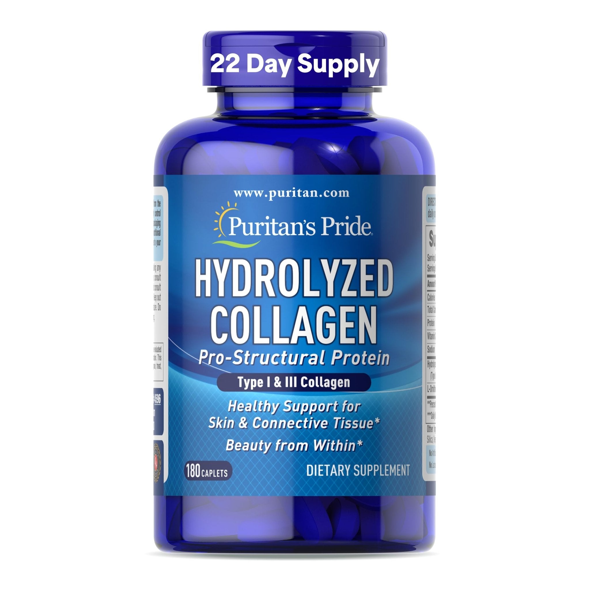 Puritan's Pride Hydrolyzed Collagen Pro-Structural Protein for Men and Women 1000mg, Dietary Supplement for Skin, Bones and Joints, 180 Caplets - Maple Wellness Supplements