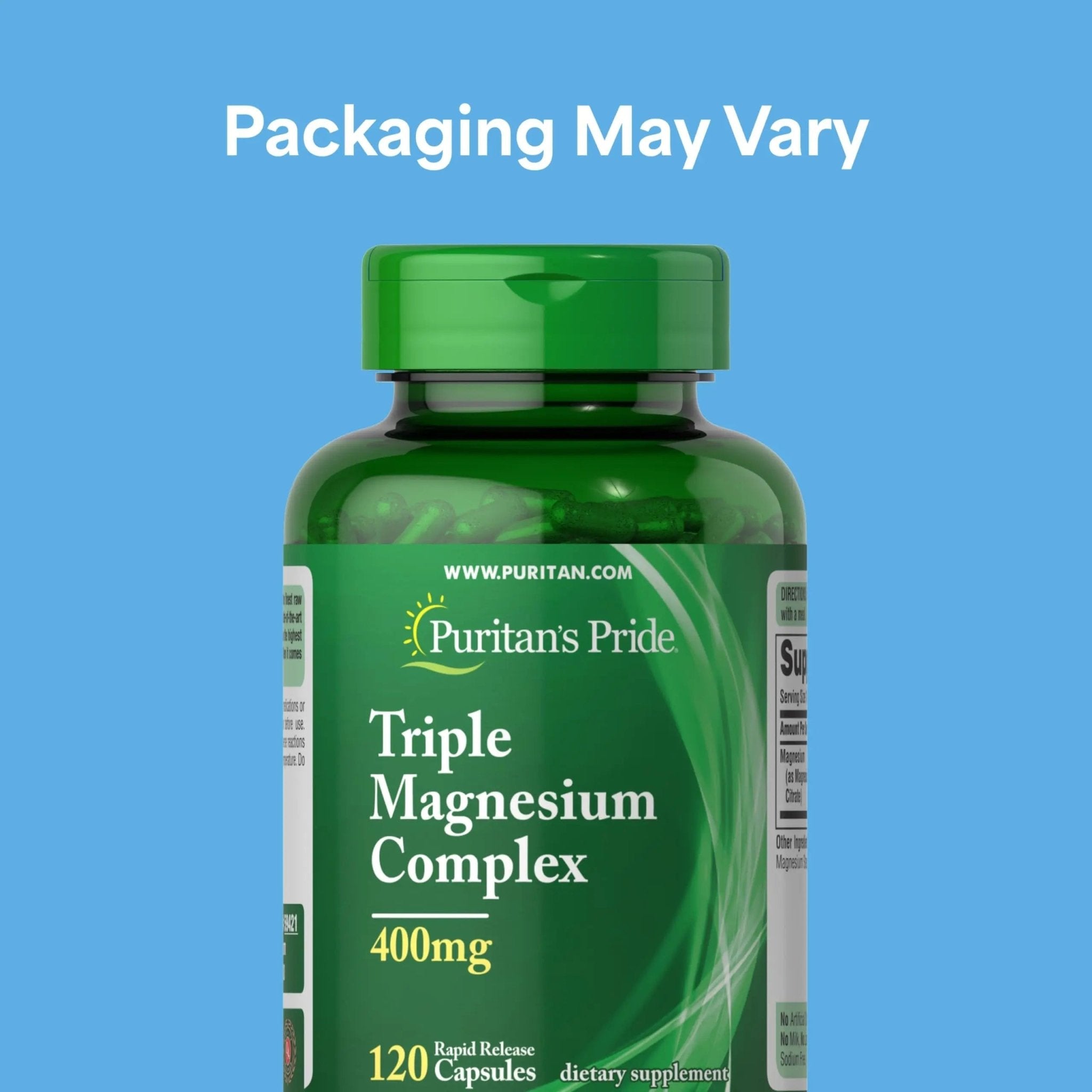 Puritan's Pride Triple Magnesium Complex with Magnesium Oxide, Aspartate, and Citrate 400mg, Dietary Supplement for Muscle, Heart, Nerve, and Bone Support, 120 Rapid Release Capsules - TrustMedUSA