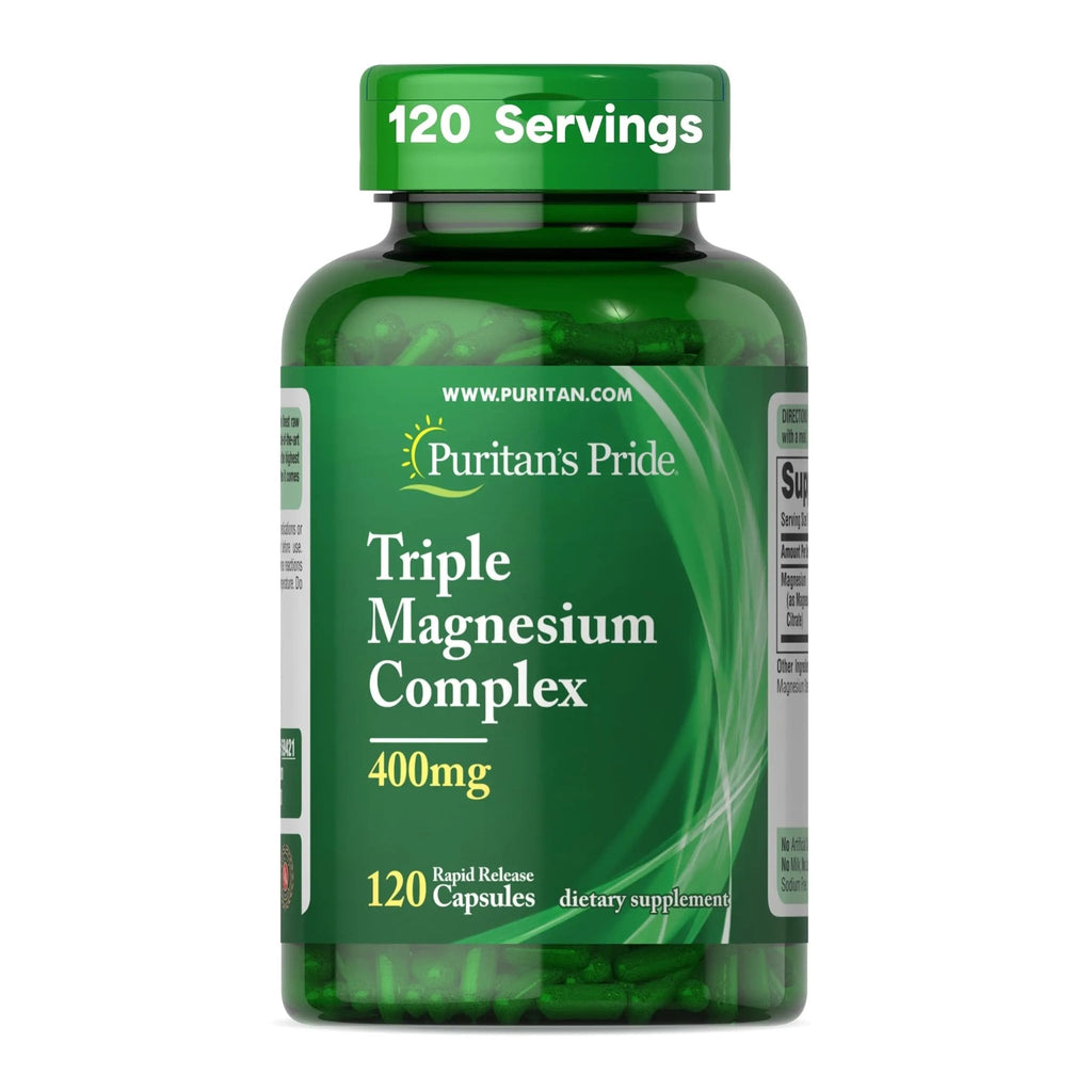 Puritan's Pride Triple Magnesium Complex with Magnesium Oxide, Aspartate, and Citrate 400mg, Dietary Supplement for Muscle, Heart, Nerve, and Bone Support, 120 Rapid Release Capsules - TrustMedUSA