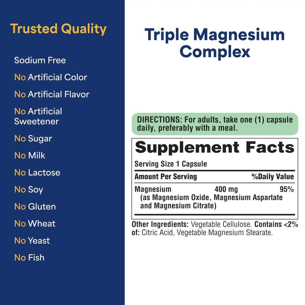 Puritan's Pride Triple Magnesium Complex with Magnesium Oxide, Aspartate, and Citrate 400mg, Dietary Supplement for Muscle, Heart, Nerve, and Bone Support, 120 Rapid Release Capsules - TrustMedUSA