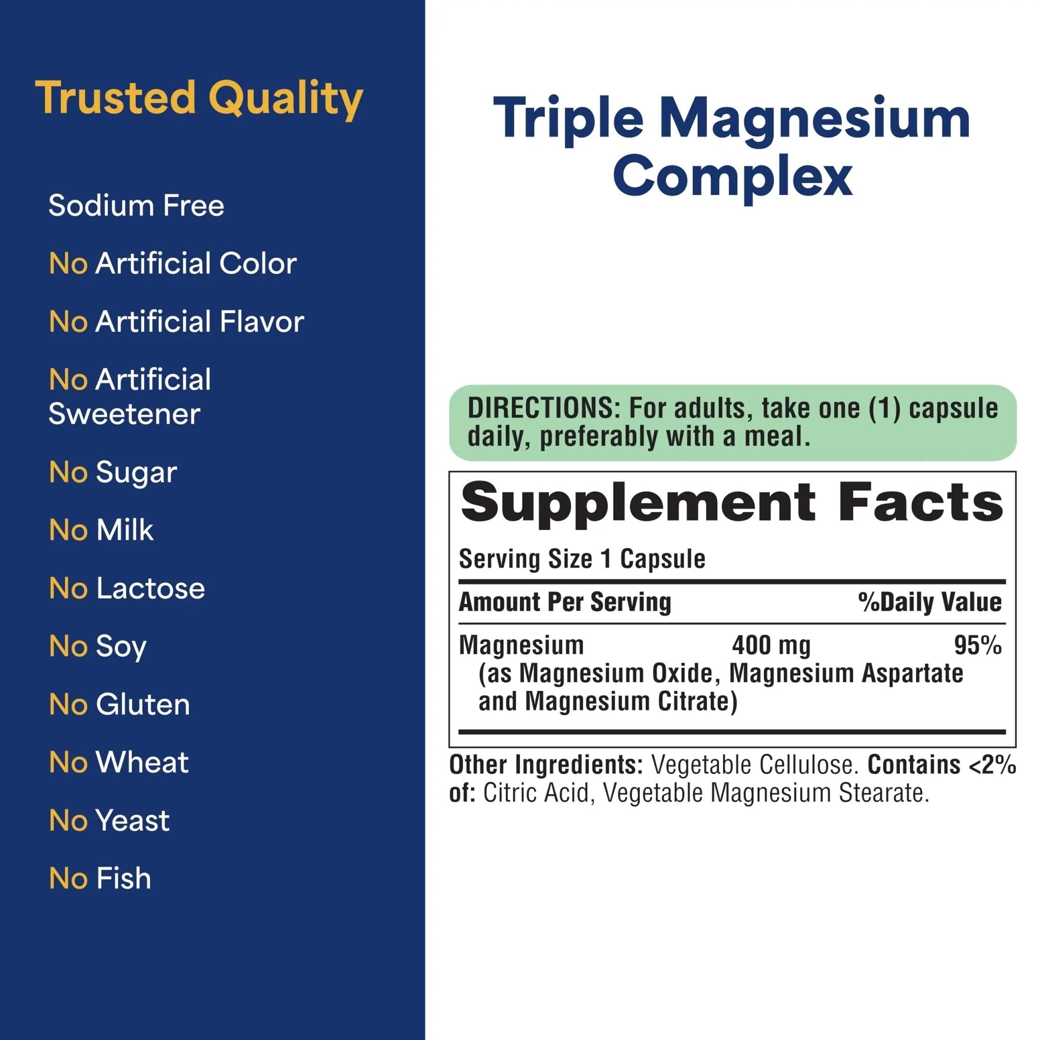 Puritan's Pride Triple Magnesium Complex with Magnesium Oxide, Aspartate, and Citrate 400mg, Dietary Supplement for Muscle, Heart, Nerve, and Bone Support, 120 Rapid Release Capsules - TrustMedUSA
