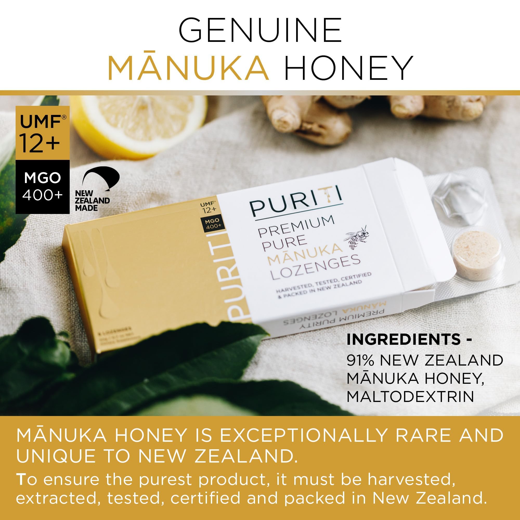 PURITI Premium Manuka Honey Lozenges High Potency - Sugar Free Drops | Genuine New Zealand Raw Manuka Honey Soothers for Coughs & Sore Throats | UMF Certified MGO 400+ UMF12+ (16 Pack) - Maple Wellness Supplements