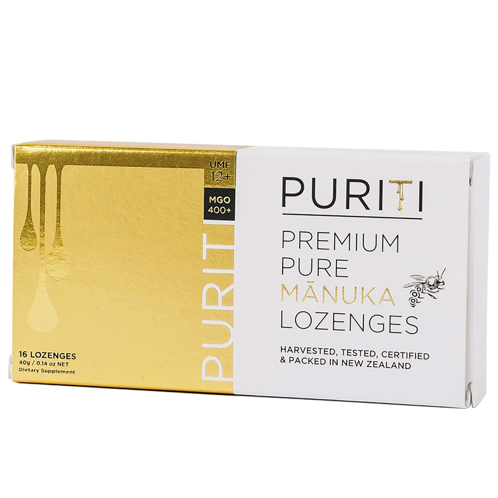 PURITI Premium Manuka Honey Lozenges High Potency - Sugar Free Drops | Genuine New Zealand Raw Manuka Honey Soothers for Coughs & Sore Throats | UMF Certified MGO 400+ UMF12+ (16 Pack) - Maple Wellness Supplements