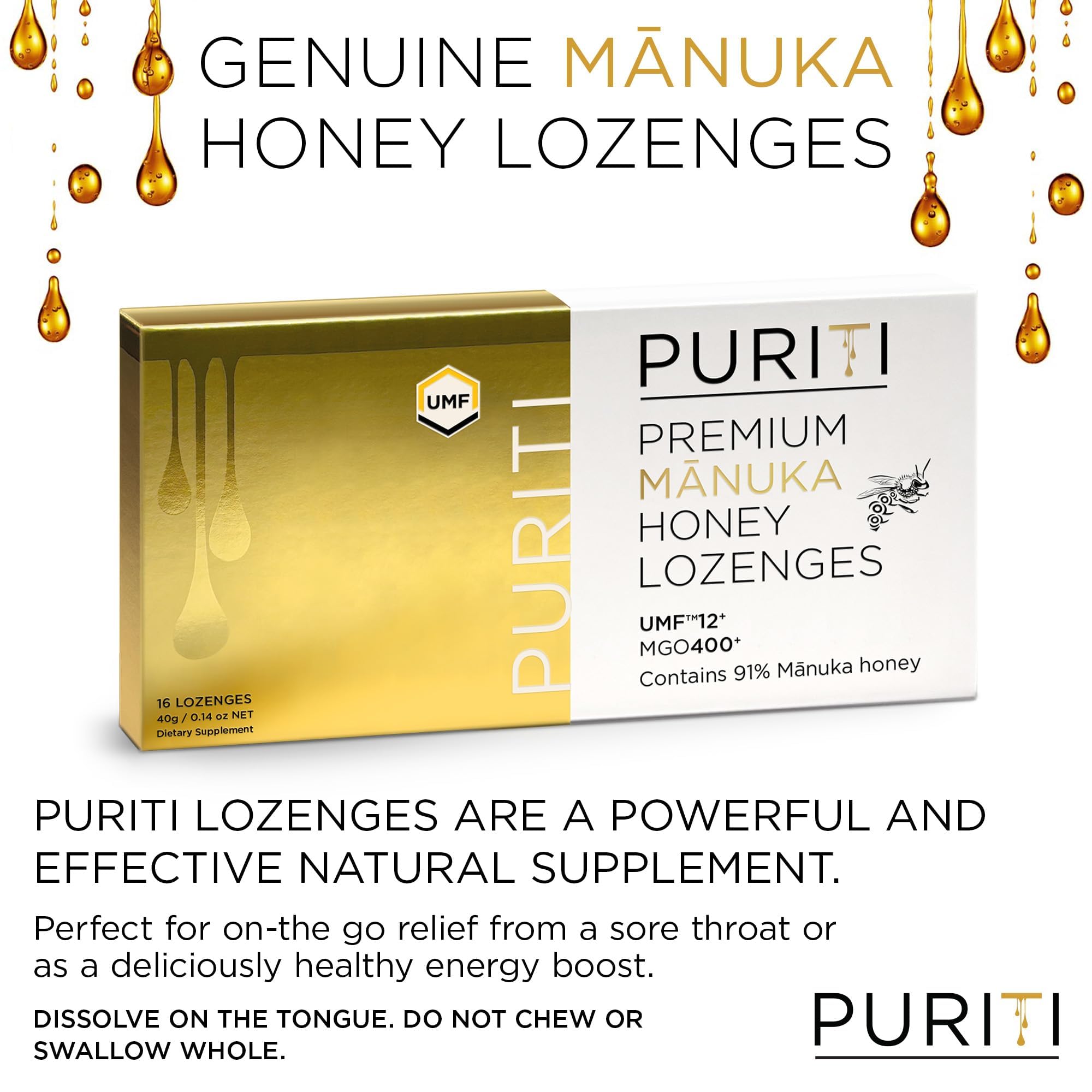 PURITI Premium Manuka Honey Lozenges High Potency - Sugar Free Drops | Genuine New Zealand Raw Manuka Honey Soothers for Coughs & Sore Throats | UMF Certified MGO 400+ UMF12+ (16 Pack) - Maple Wellness Supplements