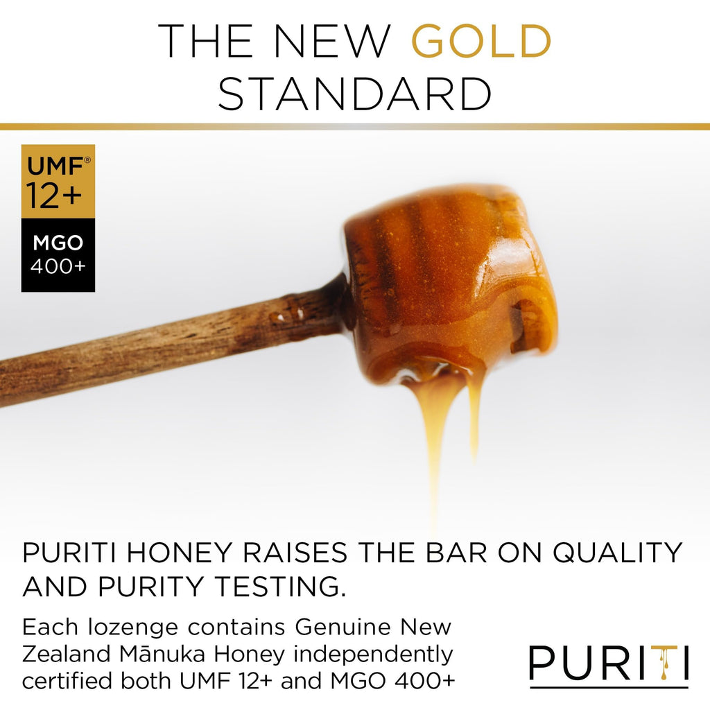 PURITI Premium Manuka Honey Lozenges High Potency - Sugar Free Drops | Genuine New Zealand Raw Manuka Honey Soothers for Coughs & Sore Throats | UMF Certified MGO 400+ UMF12+ (16 Pack) - Maple Wellness Supplements