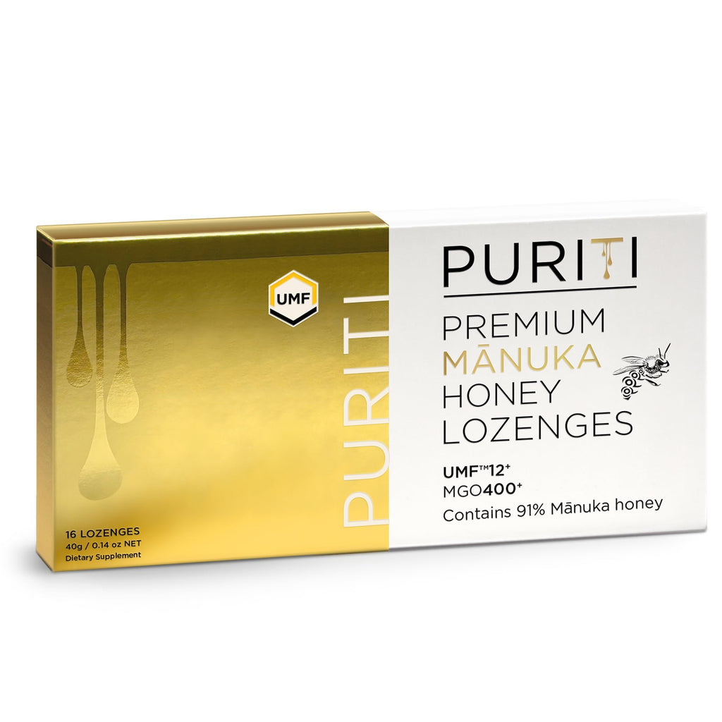 PURITI Premium Manuka Honey Lozenges High Potency - Sugar Free Drops | Genuine New Zealand Raw Manuka Honey Soothers for Coughs & Sore Throats | UMF Certified MGO 400+ UMF12+ (16 Pack) - Maple Wellness Supplements