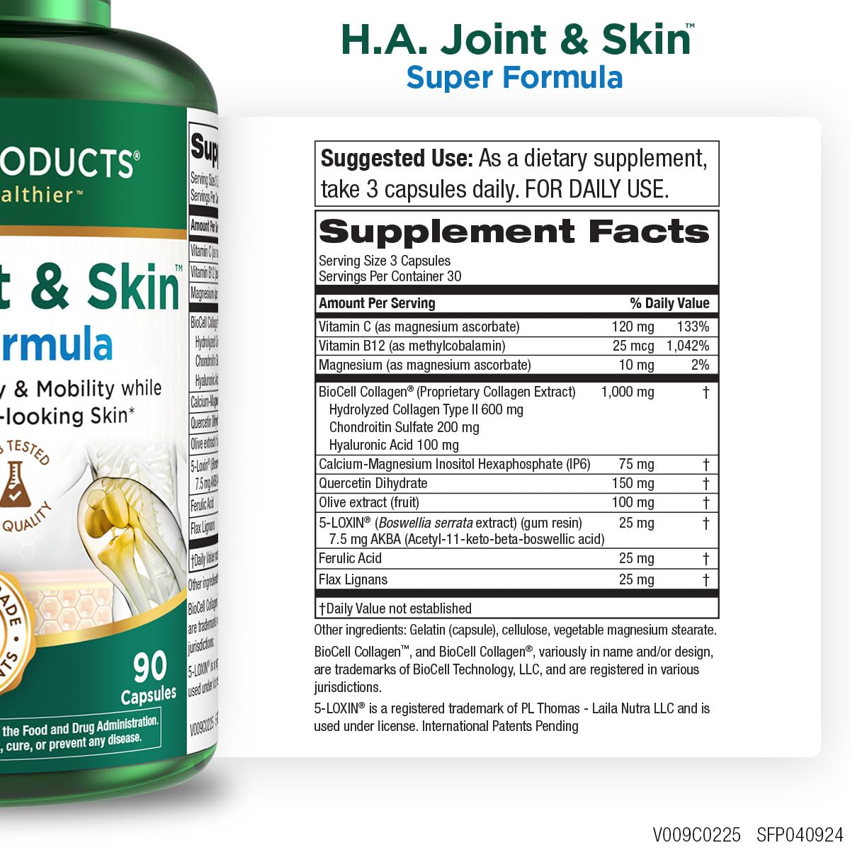 Purity Products H.A. Joint and Skin Super Formula Biocell Collagen w/Hyaluronic Acid Supports Healthy Joint Flexibility, Healthy Synovial Fluid, and Lubrication - 5-Loxin - 90 Capsules (1) - TrustMedUSA