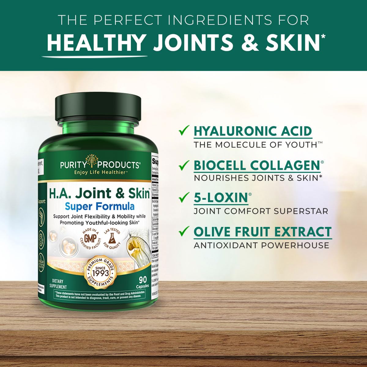 Purity Products H.A. Joint and Skin Super Formula Biocell Collagen w/Hyaluronic Acid Supports Healthy Joint Flexibility, Healthy Synovial Fluid, and Lubrication - 5-Loxin - 90 Capsules (1) - TrustMedUSA