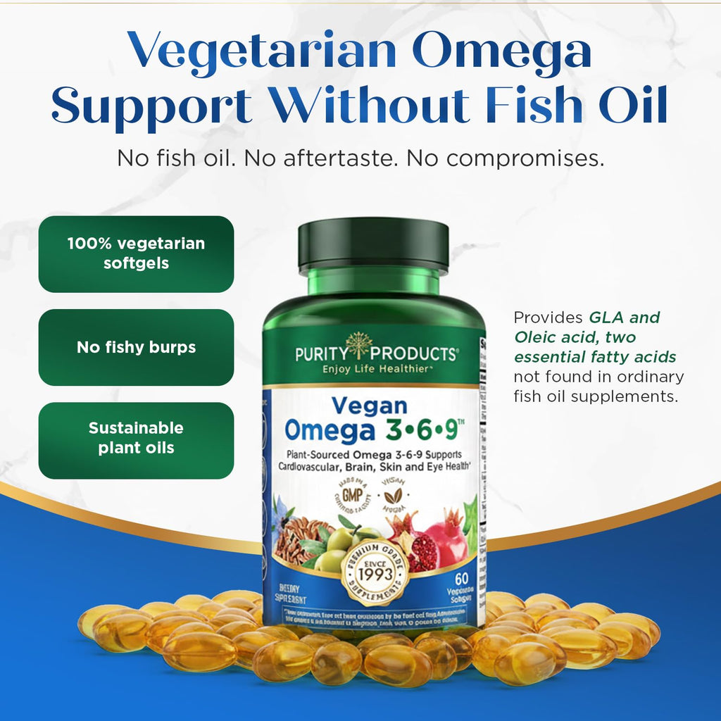 Purity Products Omega 3-6-9 Vegan and Vegetarian Formula - “5 in 1” Essential Fatty Acid Complex - Scientifically Formulated Plant-Based Omega 3 6 9 - TrustMedUSA