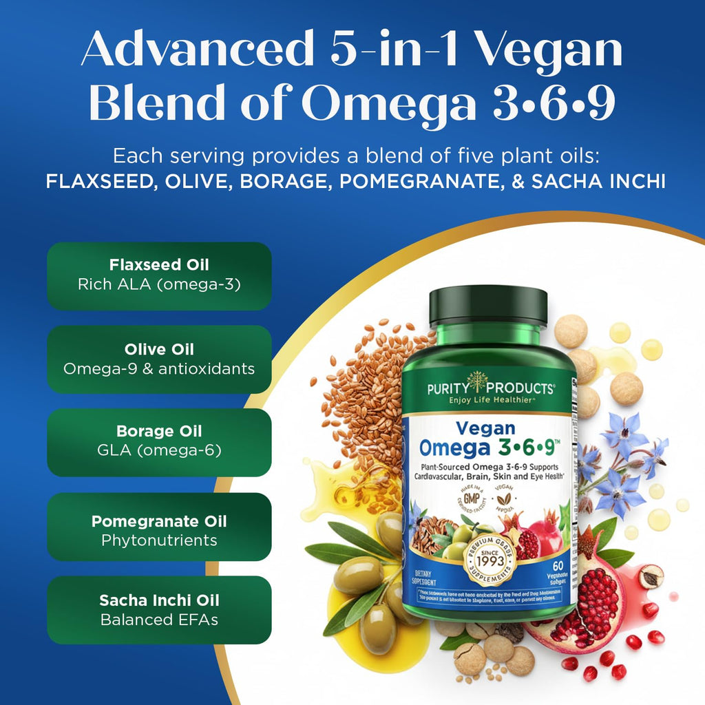 Purity Products Omega 3-6-9 Vegan and Vegetarian Formula - “5 in 1” Essential Fatty Acid Complex - Scientifically Formulated Plant-Based Omega 3 6 9 - TrustMedUSA