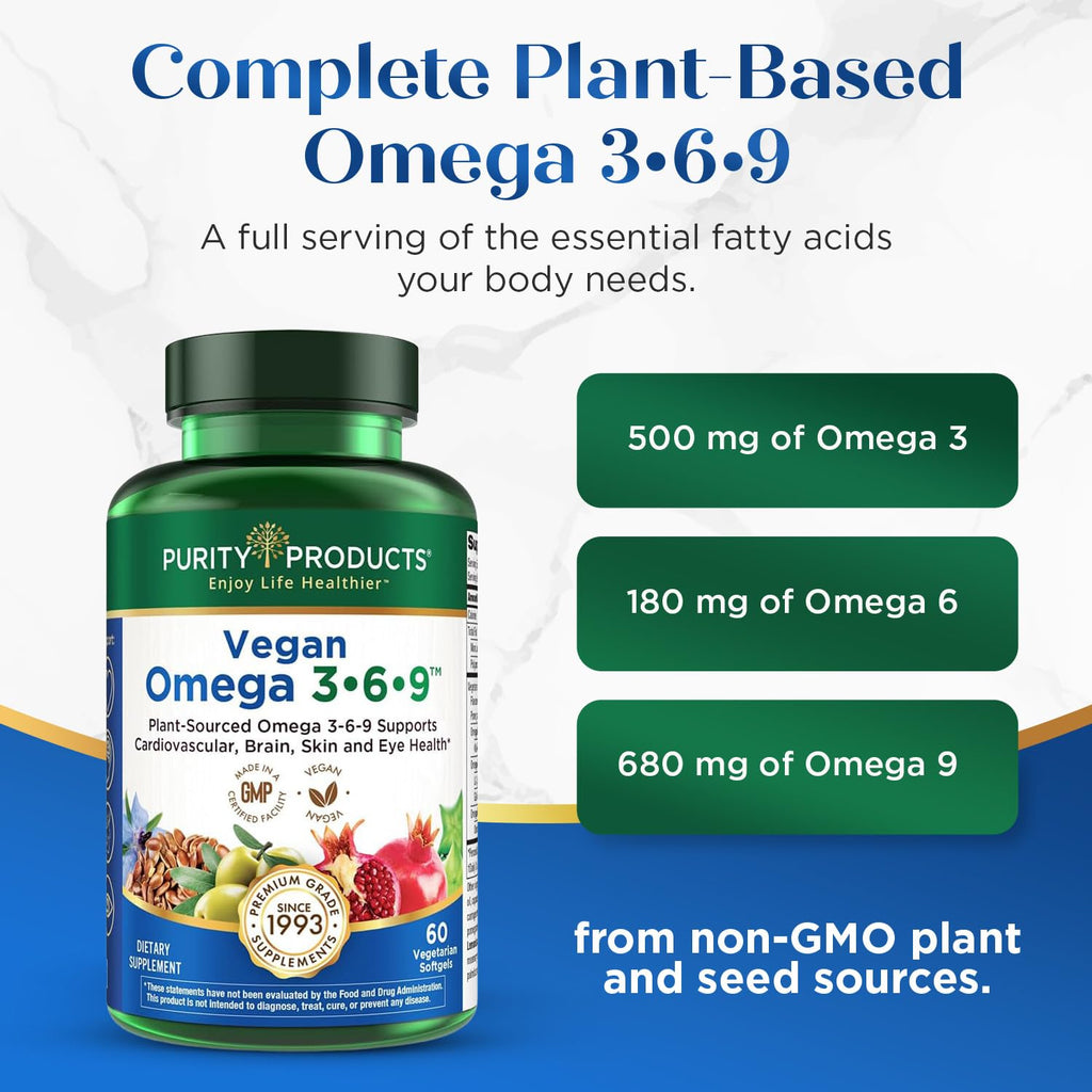 Purity Products Omega 3-6-9 Vegan and Vegetarian Formula - “5 in 1” Essential Fatty Acid Complex - Scientifically Formulated Plant-Based Omega 3 6 9 - TrustMedUSA