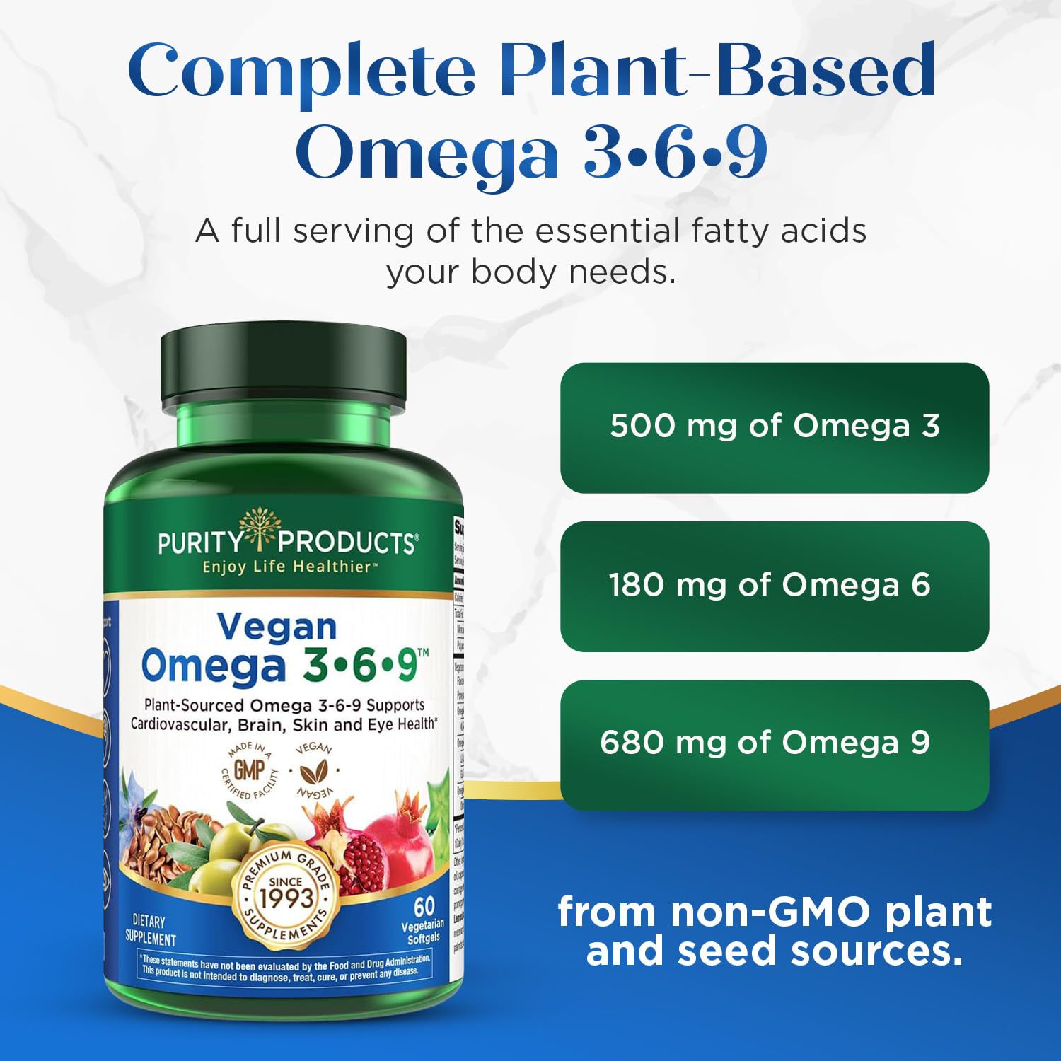 Purity Products Omega 3-6-9 Vegan and Vegetarian Formula - “5 in 1” Essential Fatty Acid Complex - Scientifically Formulated Plant-Based Omega 3 6 9 - TrustMedUSA