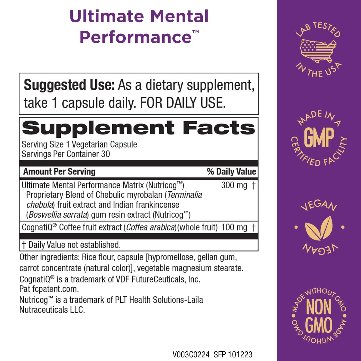 Purity Products Ultimate Mental Performance Supports Memory Recall, Mental Focus + More - Nootropic Powerhouse ft. Patented Botanical Plant-Based Ingredients - Vegan & Non-GMO - 30 Veggie Caps - TrustMedUSA