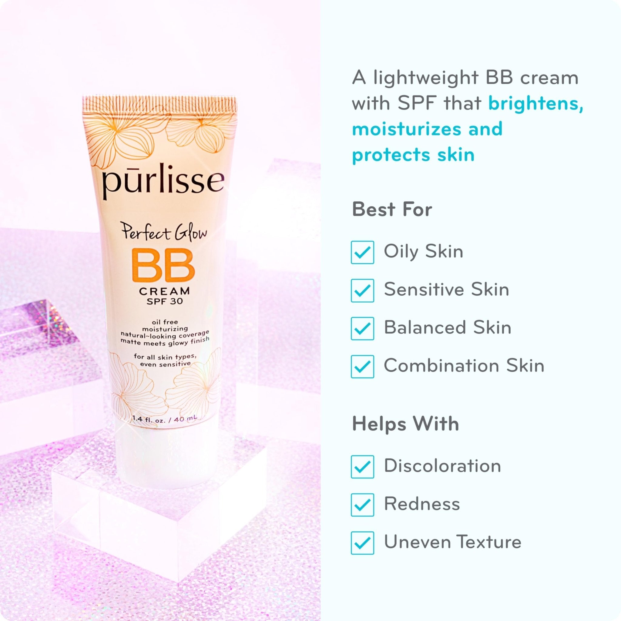 pūrlisse Perfect Glow BB Cream with SPF 30 - Matte Meets Dewy Finish - Enriched with Goji & Hawthorn Berry to Help Improve Skin Texture & Radiance - Medium Golden (1.4 oz) - TrustMedUSA