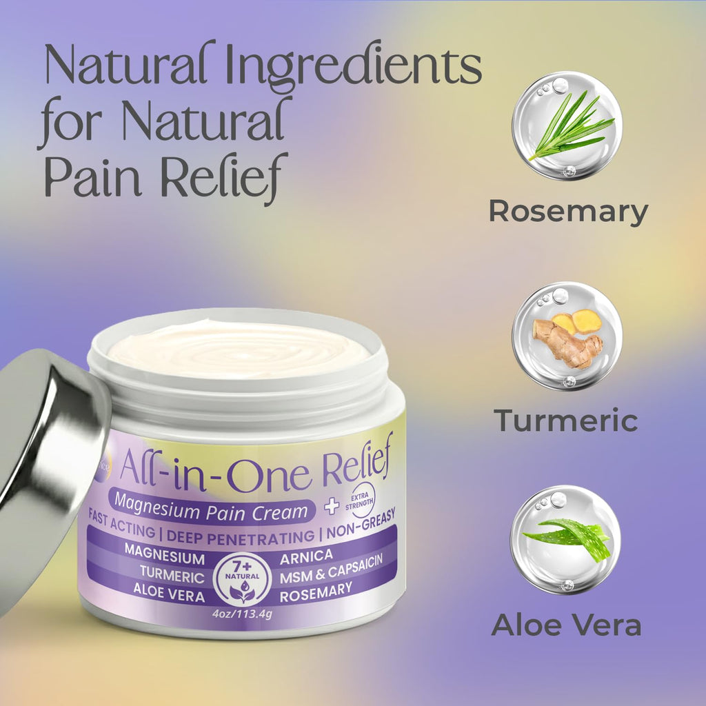 PURPLE CANYON All in One Magnesium Pain Cream – Natural Pain Relief Cream with Arnica, MSM & Capsaicin for Muscle & Joint Support – Fast-Absorbing, Non-Greasy Formula with Aloe Vera & Turmeric - TrustMedUSA