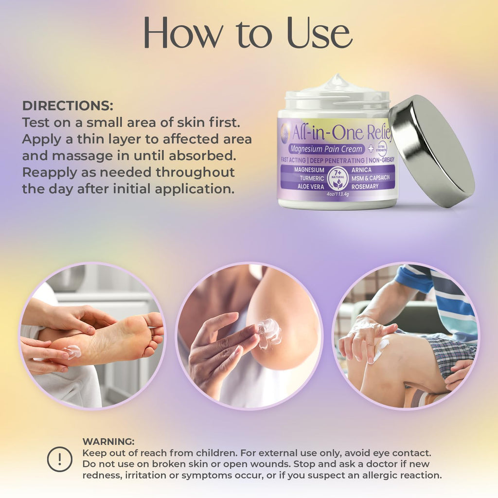 PURPLE CANYON All in One Magnesium Pain Cream – Natural Pain Relief Cream with Arnica, MSM & Capsaicin for Muscle & Joint Support – Fast-Absorbing, Non-Greasy Formula with Aloe Vera & Turmeric - TrustMedUSA