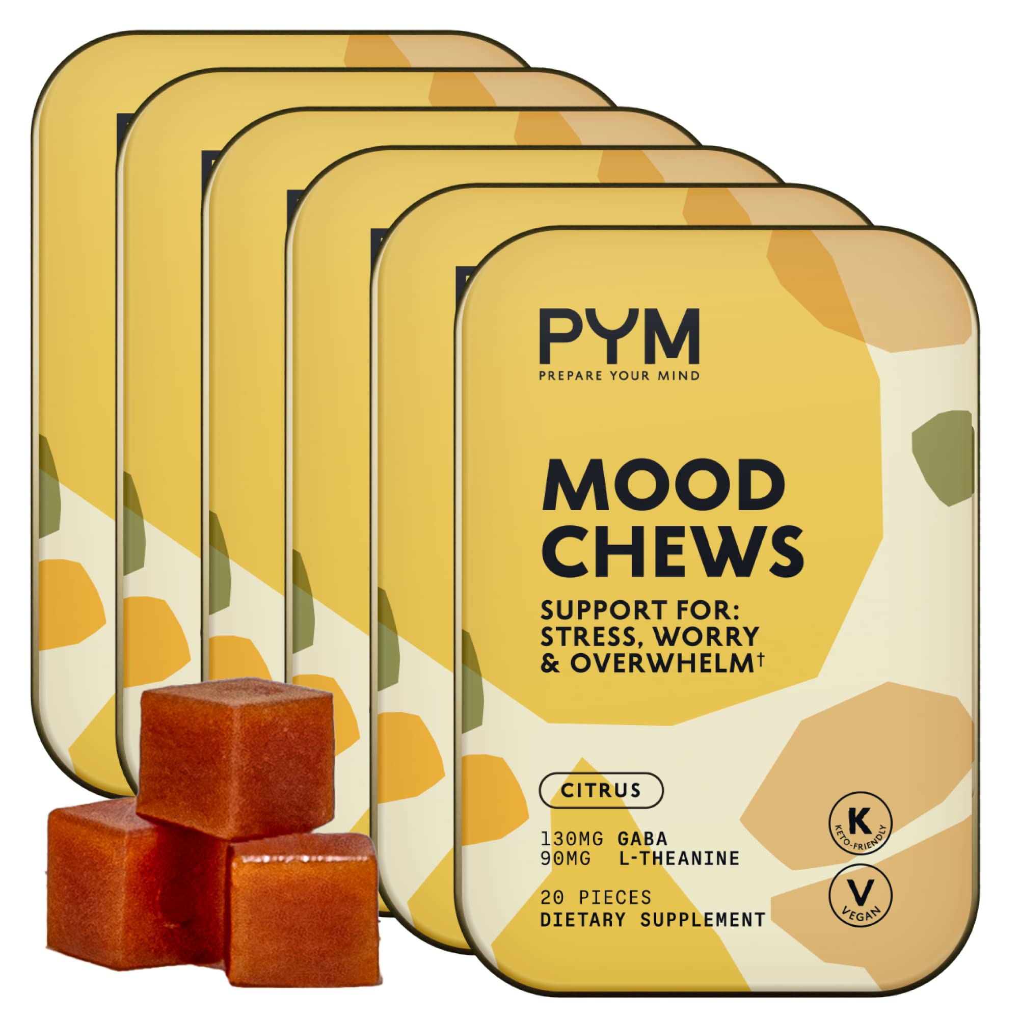 PYM Citrus Mood Chews Support for Stress, Worry & Overwhelm, 120 Count | 130mg GABA, 90mg L-Theanine | Vegan, Non-GMO, Gluten-Free, No Added Sugar | All-Natural Mood Balance Supplement Made in USA - TrustMedUSA