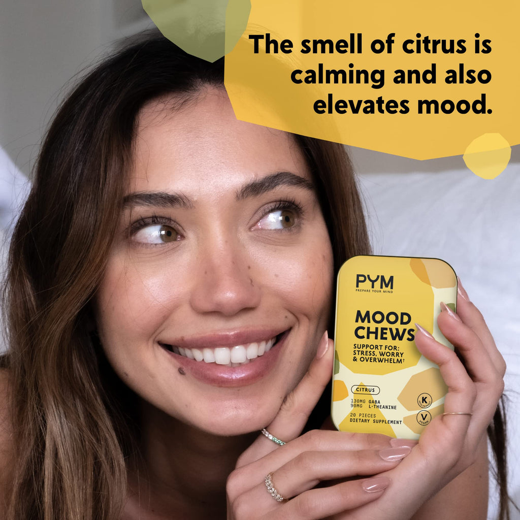 PYM Citrus Mood Chews Support for Stress, Worry & Overwhelm, 120 Count | 130mg GABA, 90mg L-Theanine | Vegan, Non-GMO, Gluten-Free, No Added Sugar | All-Natural Mood Balance Supplement Made in USA - TrustMedUSA