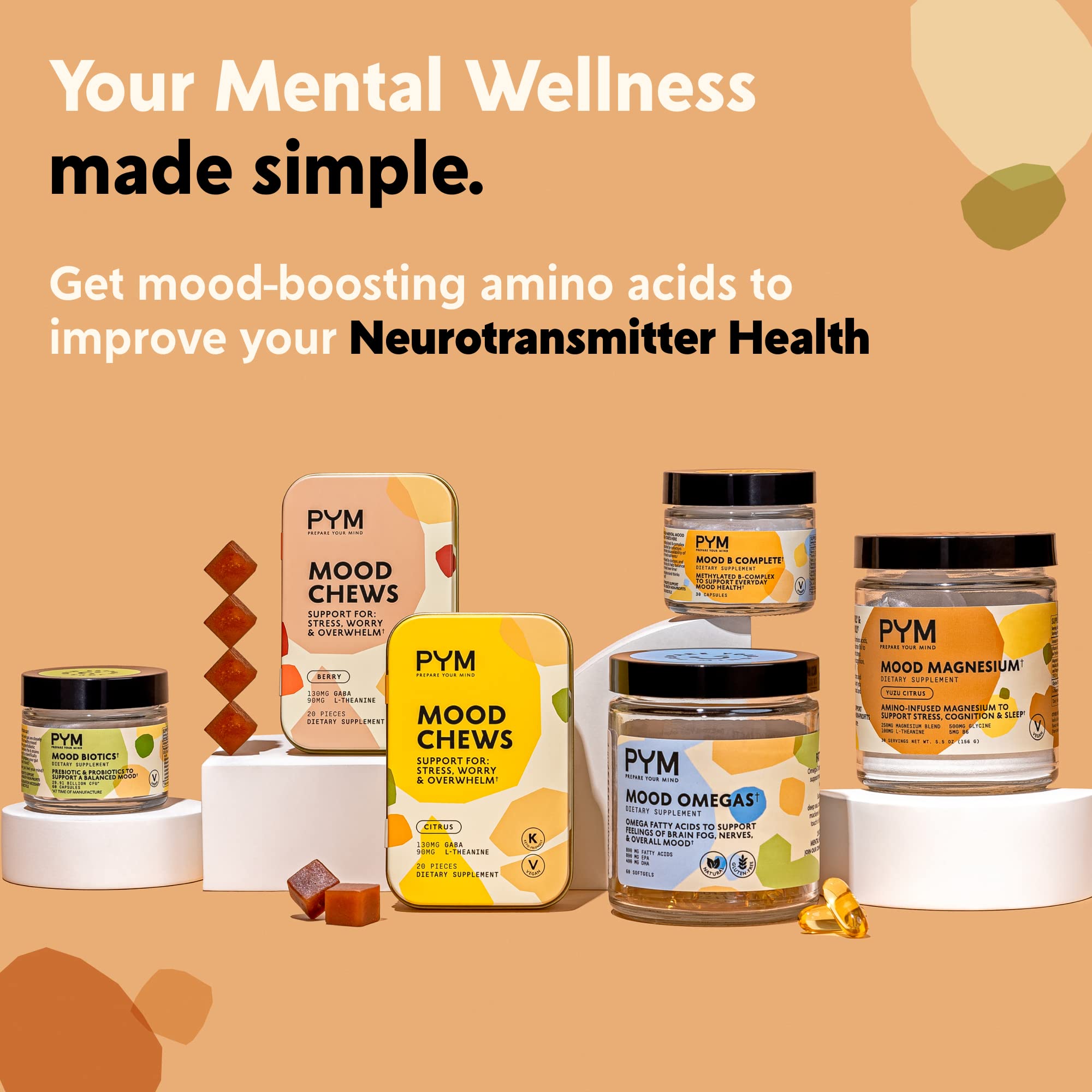 PYM Citrus Mood Chews Support for Stress, Worry & Overwhelm, 120 Count | 130mg GABA, 90mg L-Theanine | Vegan, Non-GMO, Gluten-Free, No Added Sugar | All-Natural Mood Balance Supplement Made in USA - TrustMedUSA