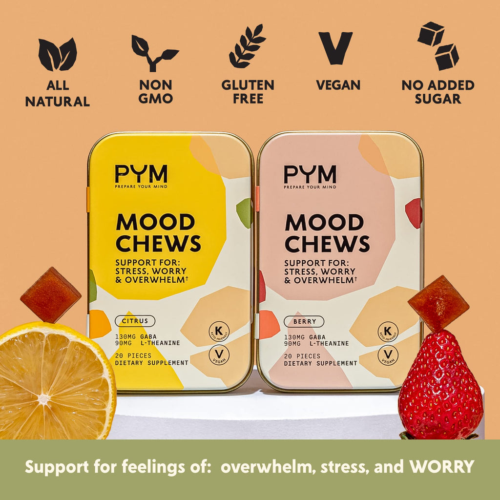 PYM Citrus Mood Chews Support for Stress, Worry & Overwhelm, 120 Count | 130mg GABA, 90mg L-Theanine | Vegan, Non-GMO, Gluten-Free, No Added Sugar | All-Natural Mood Balance Supplement Made in USA - TrustMedUSA