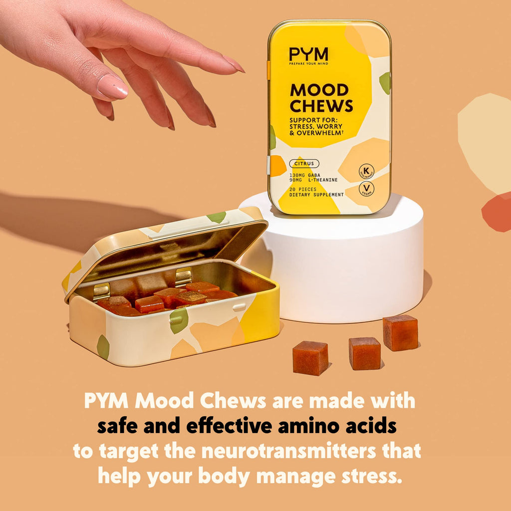 PYM Citrus Mood Chews Support for Stress, Worry & Overwhelm, 120 Count | 130mg GABA, 90mg L-Theanine | Vegan, Non-GMO, Gluten-Free, No Added Sugar | All-Natural Mood Balance Supplement Made in USA - TrustMedUSA
